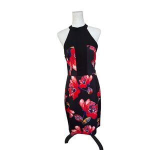 Trina Turk‎ Sexy Black & Red Halter Neck Floral Bodycon Cocktail Dress Sz 12